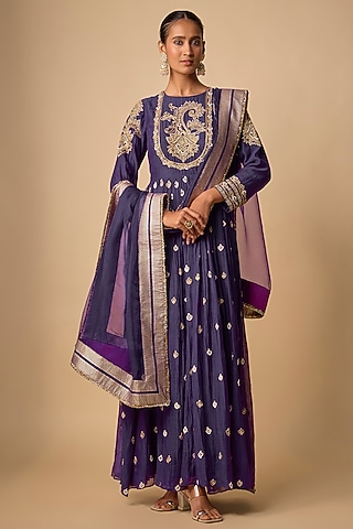 Purple Chanderi Silk Hand Embroidered Anarkali Set by Neha khullar