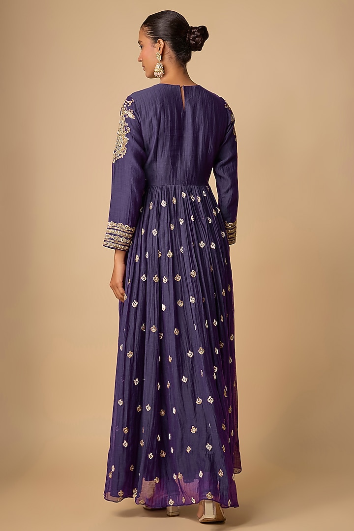 Purple Chanderi Silk Hand Embroidered Wedding Anarkali Set by Neha khullar at Pernia's Pop Up Shop