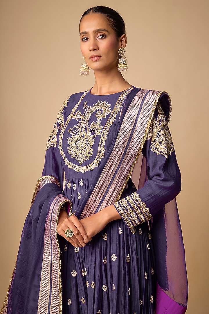 Purple Chanderi Silk Hand Embroidered Wedding Anarkali Set by Neha khullar at Pernia's Pop Up Shop