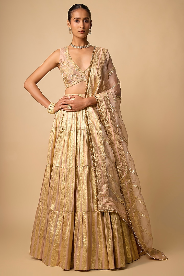 Blush Banarasi Chanderi Hand Embroidered Wedding Lehenga Set by Neha khullar at Pernia's Pop Up Shop