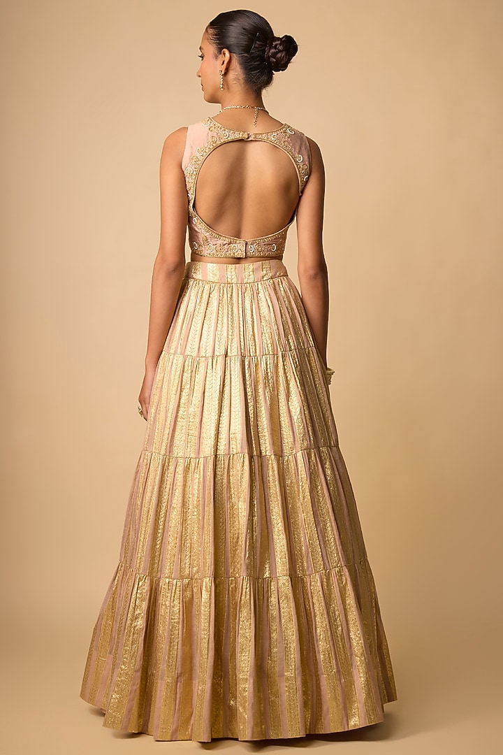 Blush Banarasi Chanderi Hand Embroidered Wedding Lehenga Set by Neha khullar at Pernia's Pop Up Shop