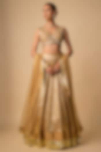 Beige Banarasi Chanderi Hand Embroidered Wedding Lehenga Set by Neha khullar at Pernia's Pop Up Shop