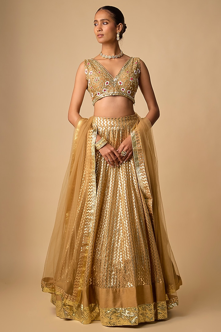 Beige Banarasi Chanderi Hand Embroidered Wedding Lehenga Set by Neha khullar at Pernia's Pop Up Shop