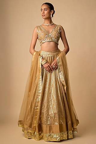 Beige Banarasi Chanderi Hand Embroidered Lehenga Set by Neha khullar