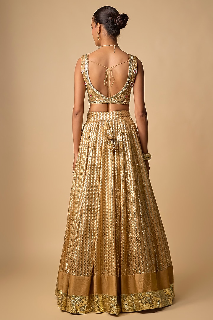 Beige Banarasi Chanderi Hand Embroidered Wedding Lehenga Set by Neha khullar at Pernia's Pop Up Shop