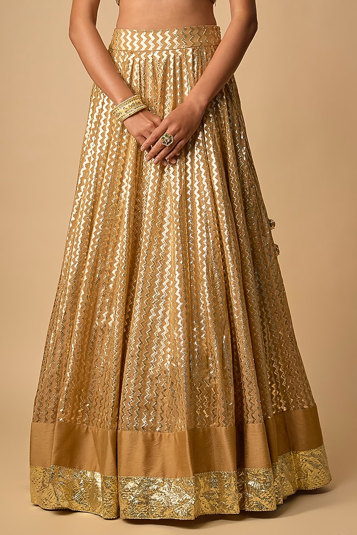 Beige Banarasi Chanderi Hand Embroidered Wedding Lehenga Set by Neha khullar at Pernia's Pop Up Shop