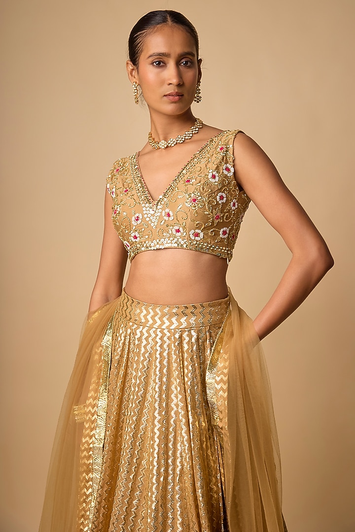 Beige Banarasi Chanderi Hand Embroidered Wedding Lehenga Set by Neha khullar at Pernia's Pop Up Shop