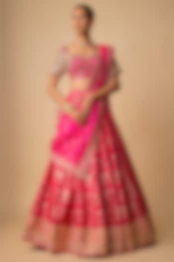 Rani Pink Raw Silk Hand Embroidered Wedding Lehenga Set by Neha khullar at Pernia's Pop Up Shop