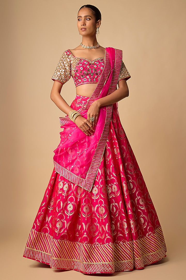 Rani Pink Raw Silk Hand Embroidered Wedding Lehenga Set by Neha khullar at Pernia's Pop Up Shop