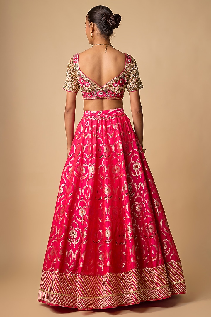 Rani Pink Raw Silk Hand Embroidered Wedding Lehenga Set by Neha khullar at Pernia's Pop Up Shop