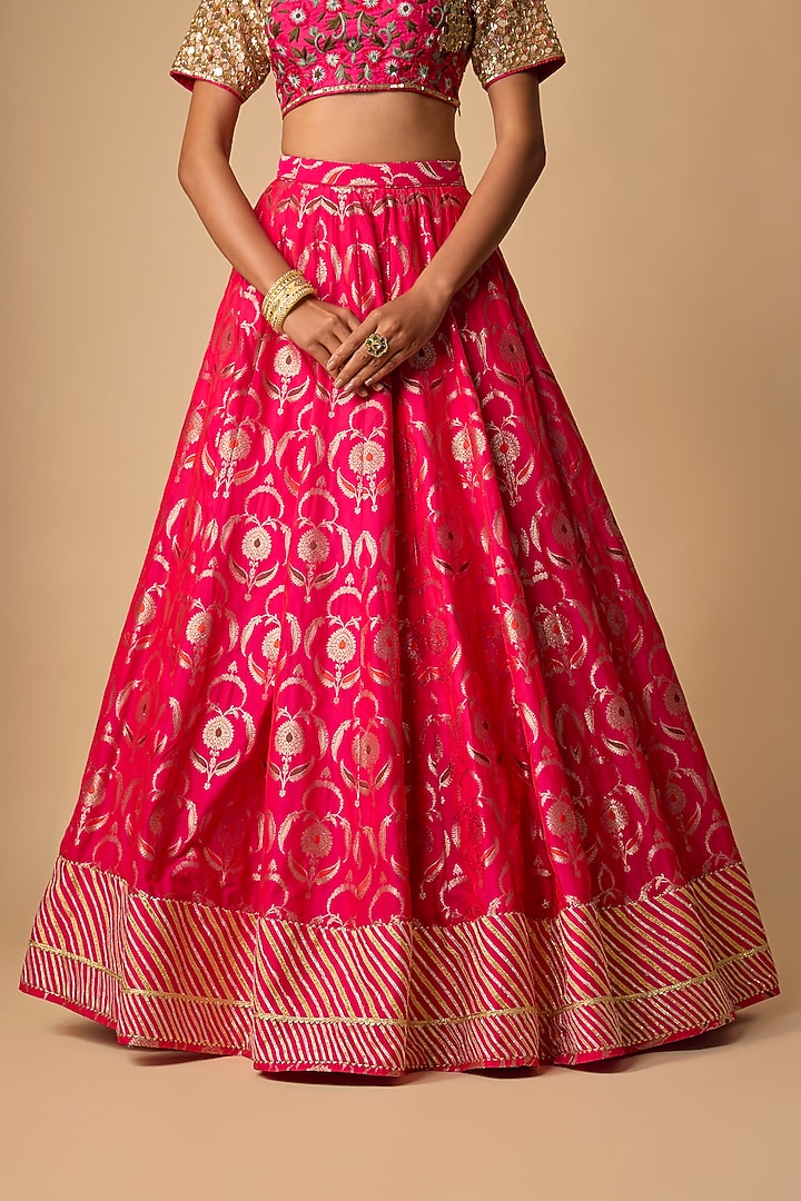 Rani Pink Raw Silk Hand Embroidered Wedding Lehenga Set by Neha khullar at Pernia's Pop Up Shop