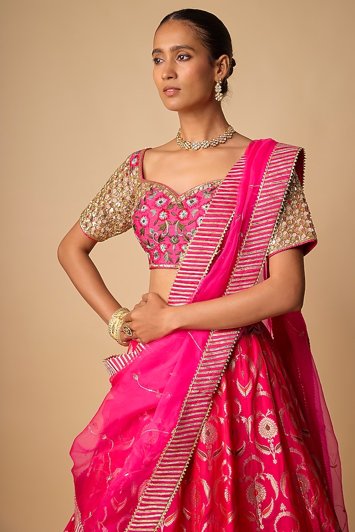 Rani Pink Raw Silk Hand Embroidered Wedding Lehenga Set by Neha khullar at Pernia's Pop Up Shop