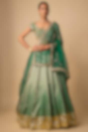 Green Raw Silk Hand Embroidered Wedding Lehenga Set by Neha khullar at Pernia's Pop Up Shop