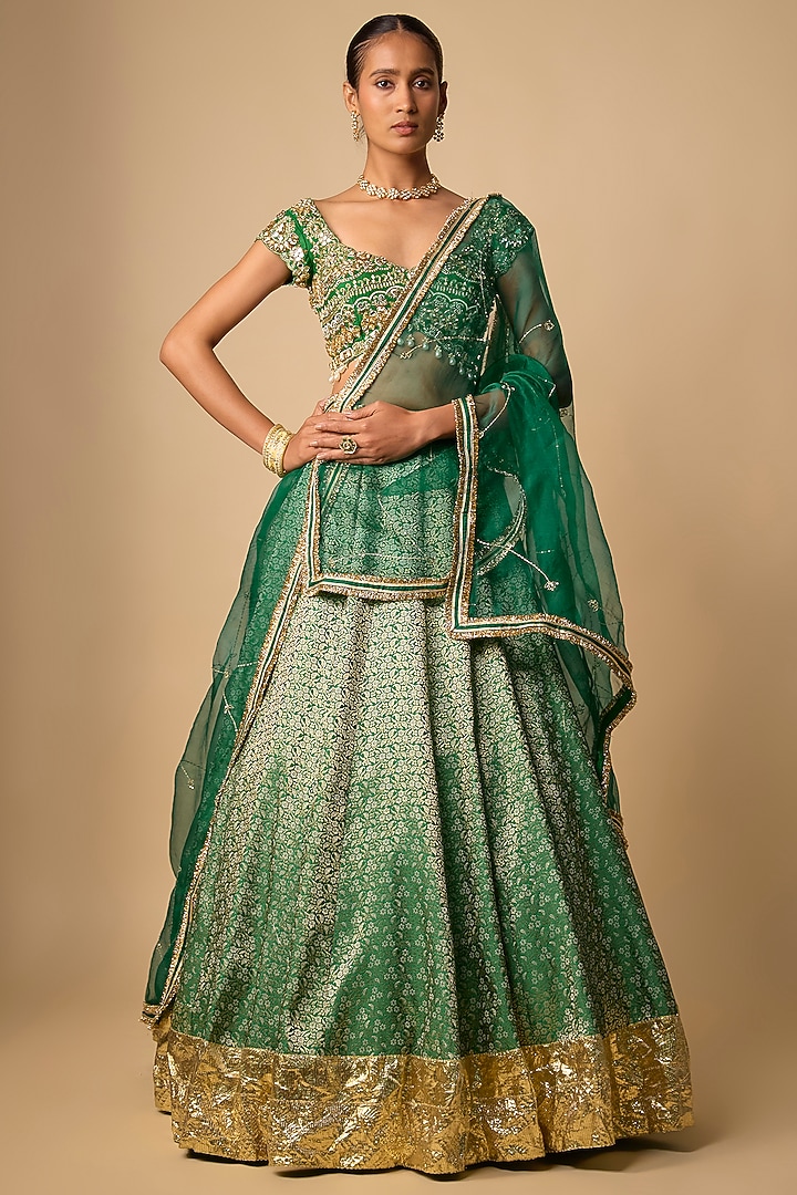 Green Raw Silk Hand Embroidered Wedding Lehenga Set by Neha khullar at Pernia's Pop Up Shop