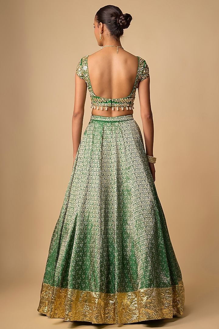 Green Raw Silk Hand Embroidered Wedding Lehenga Set by Neha khullar at Pernia's Pop Up Shop