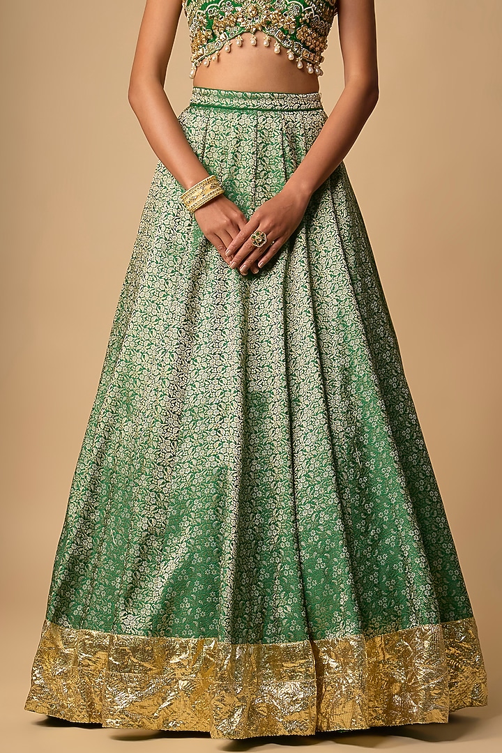 Green Raw Silk Hand Embroidered Wedding Lehenga Set by Neha khullar at Pernia's Pop Up Shop