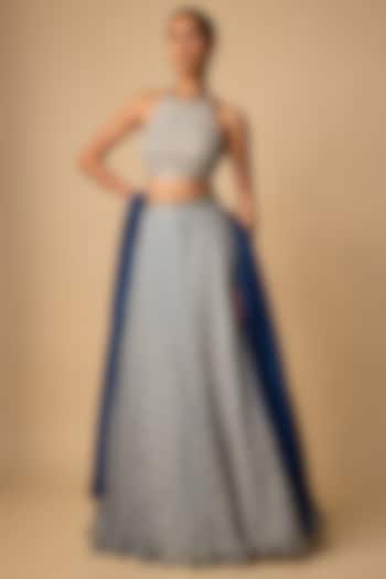 Blue Viscose Organza Printed Wedding Lehenga Set by Neha khullar at Pernia's Pop Up Shop