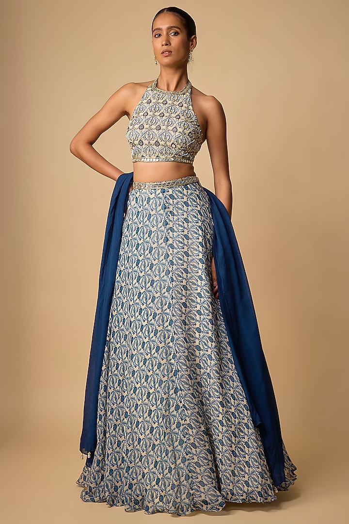 Blue Viscose Organza Printed Wedding Lehenga Set by Neha khullar at Pernia's Pop Up Shop