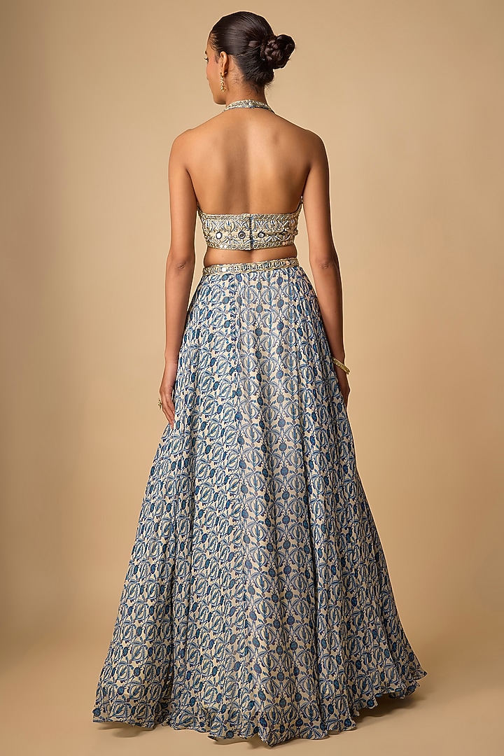 Blue Viscose Organza Printed Wedding Lehenga Set by Neha khullar at Pernia's Pop Up Shop
