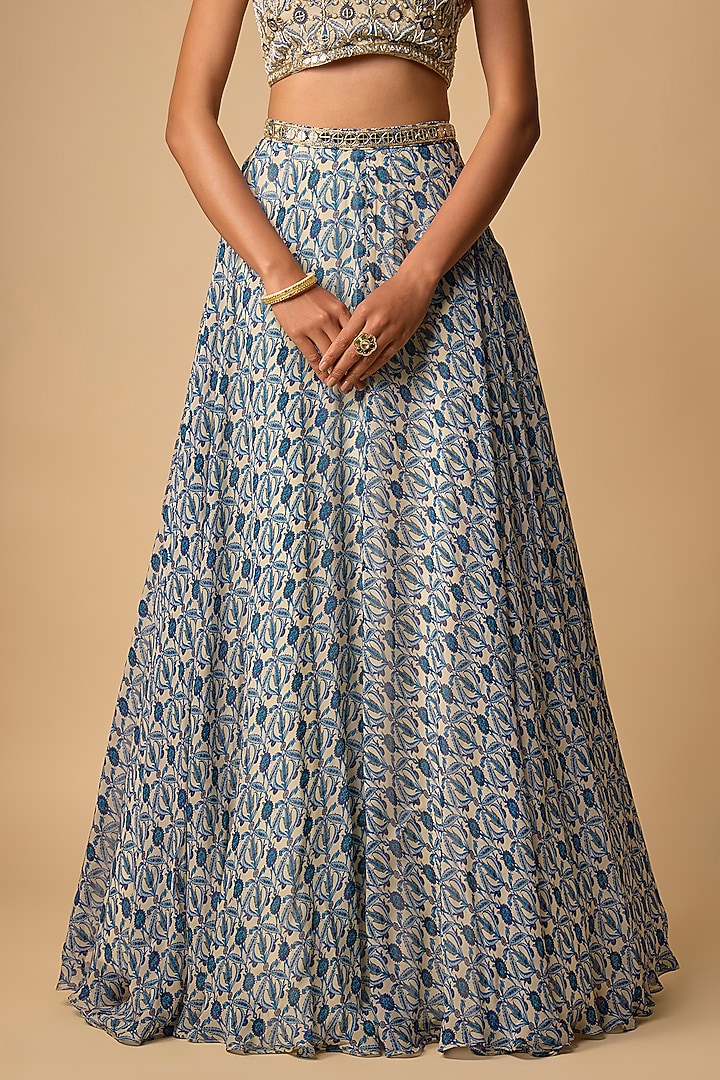 Blue Viscose Organza Printed Wedding Lehenga Set by Neha khullar at Pernia's Pop Up Shop