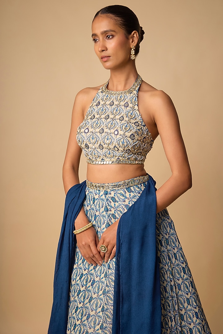 Blue Viscose Organza Printed Wedding Lehenga Set by Neha khullar at Pernia's Pop Up Shop