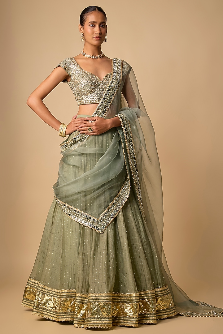 Green Chanderi Hand Embroidered Wedding Lehenga Set by Neha khullar at Pernia's Pop Up Shop