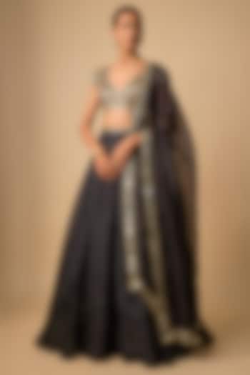 Black Chanderi Hand Embroidered Wedding Lehenga Set by Neha khullar at Pernia's Pop Up Shop