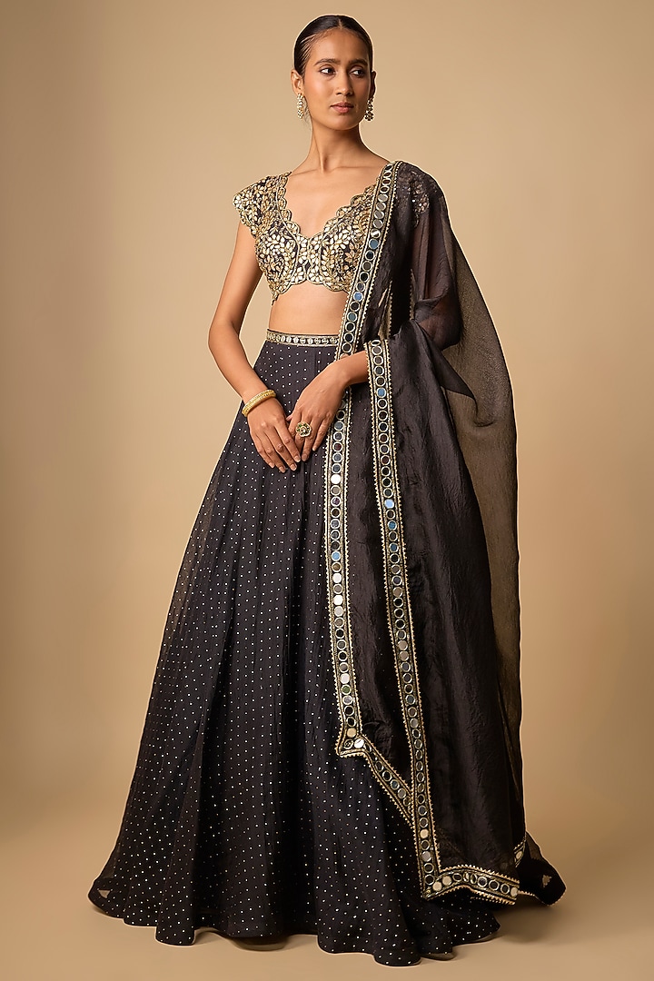 Black Chanderi Hand Embroidered Wedding Lehenga Set by Neha khullar at Pernia's Pop Up Shop