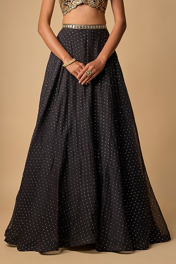 Black Chanderi Hand Embroidered Wedding Lehenga Set by Neha khullar at Pernia's Pop Up Shop