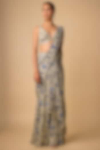 Blue Viscose Organza Printed Pre-Draped Party Wear Saree Set by Neha khullar at Pernia's Pop Up Shop