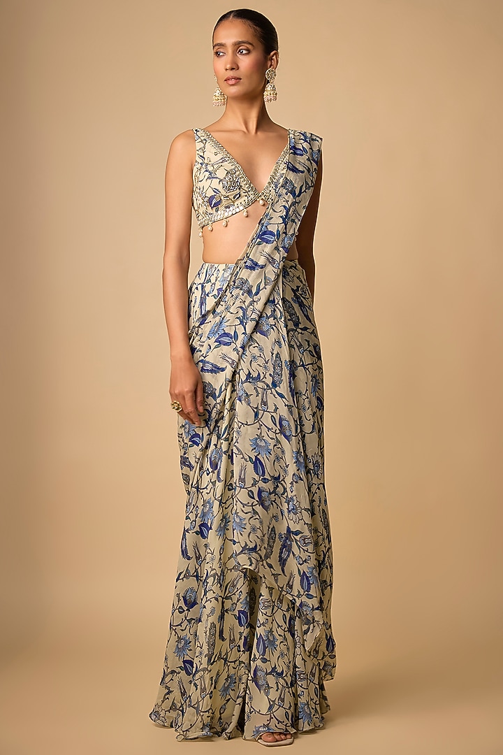 Blue Viscose Organza Printed Pre-Draped Party Wear Saree Set by Neha khullar at Pernia's Pop Up Shop