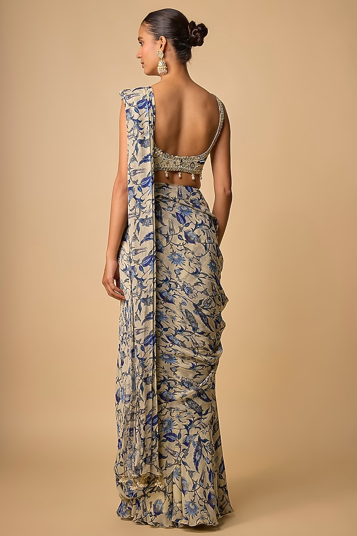 Blue Viscose Organza Printed Pre-Draped Wedding Saree Set by Neha khullar at Pernia's Pop Up Shop