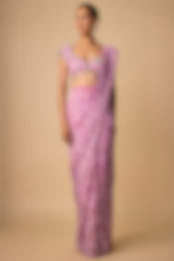 Pink Viscose Organza Printed Pre-Draped Party Wear Saree Set by Neha khullar at Pernia's Pop Up Shop