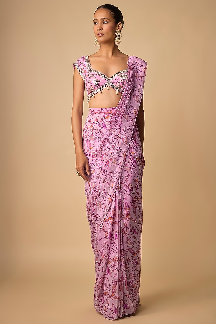 Pink Viscose Organza Printed Pre-Draped Party Wear Saree Set by Neha khullar at Pernia's Pop Up Shop