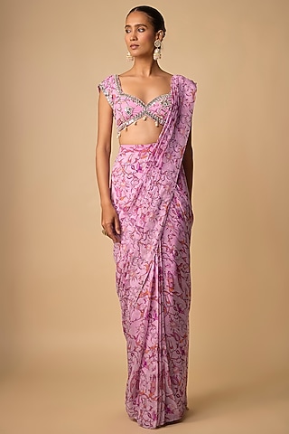 Pink Viscose Organza Printed Pre-Draped Saree Set by Neha khullar