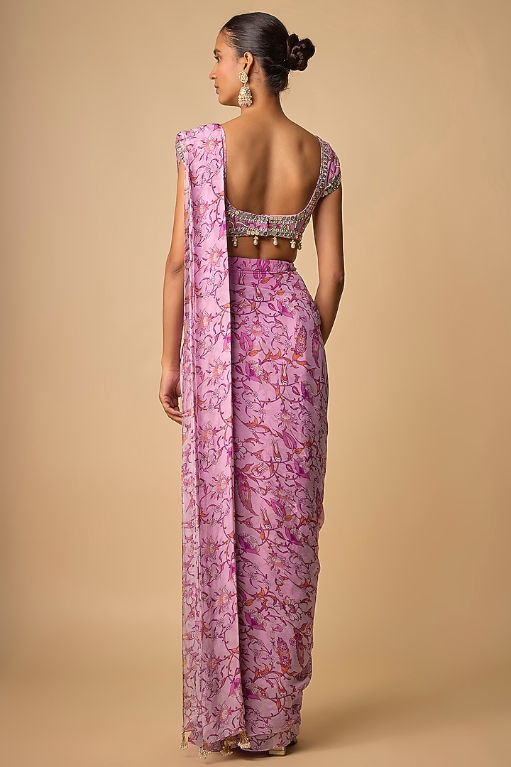 Pink Viscose Organza Printed Pre-Draped Party Wear Saree Set by Neha khullar at Pernia's Pop Up Shop