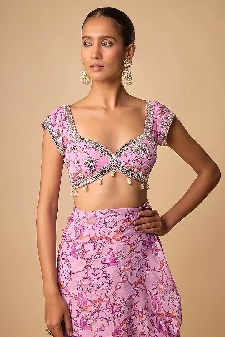 Pink Viscose Organza Printed Pre-Draped Party Wear Saree Set by Neha khullar at Pernia's Pop Up Shop