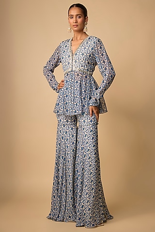 Blue Viscose Organza Printed Sharara Set by Neha khullar