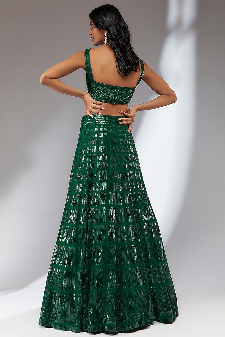 Green Georgette Hand Embroidered Wedding Lehenga Set by Neha Khullar at Pernia's Pop Up Shop