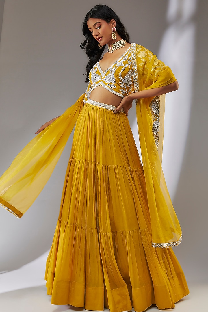 Yellow Chiffon Wedding Lehenga Set by Neha Khullar at Pernia's Pop Up Shop