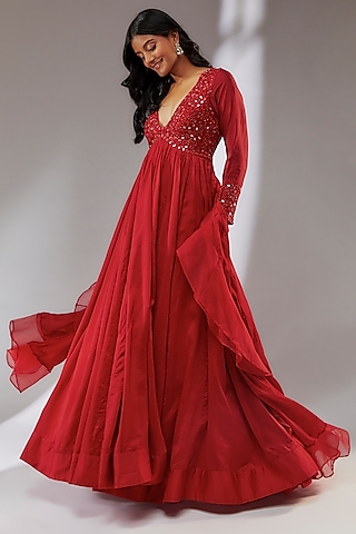 Red Chanderi Silk Hand Embroidered Anarkali Set by Neha Khullar