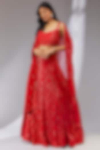Red Georgette Hand Embroidered Lehenga Set by Neha Khullar