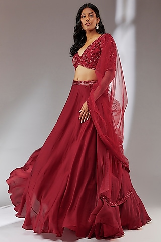 Red Satin Lehenga Set by Neha Khullar