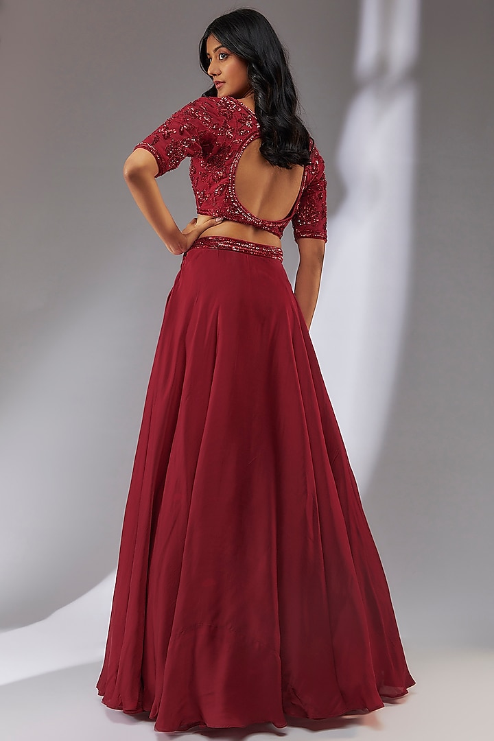 Red Satin Wedding Lehenga Set by Neha Khullar at Pernia's Pop Up Shop
