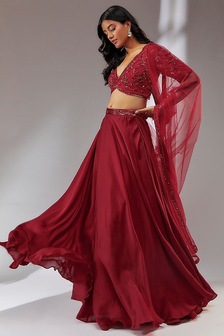 Red Satin Wedding Lehenga Set by Neha Khullar at Pernia's Pop Up Shop