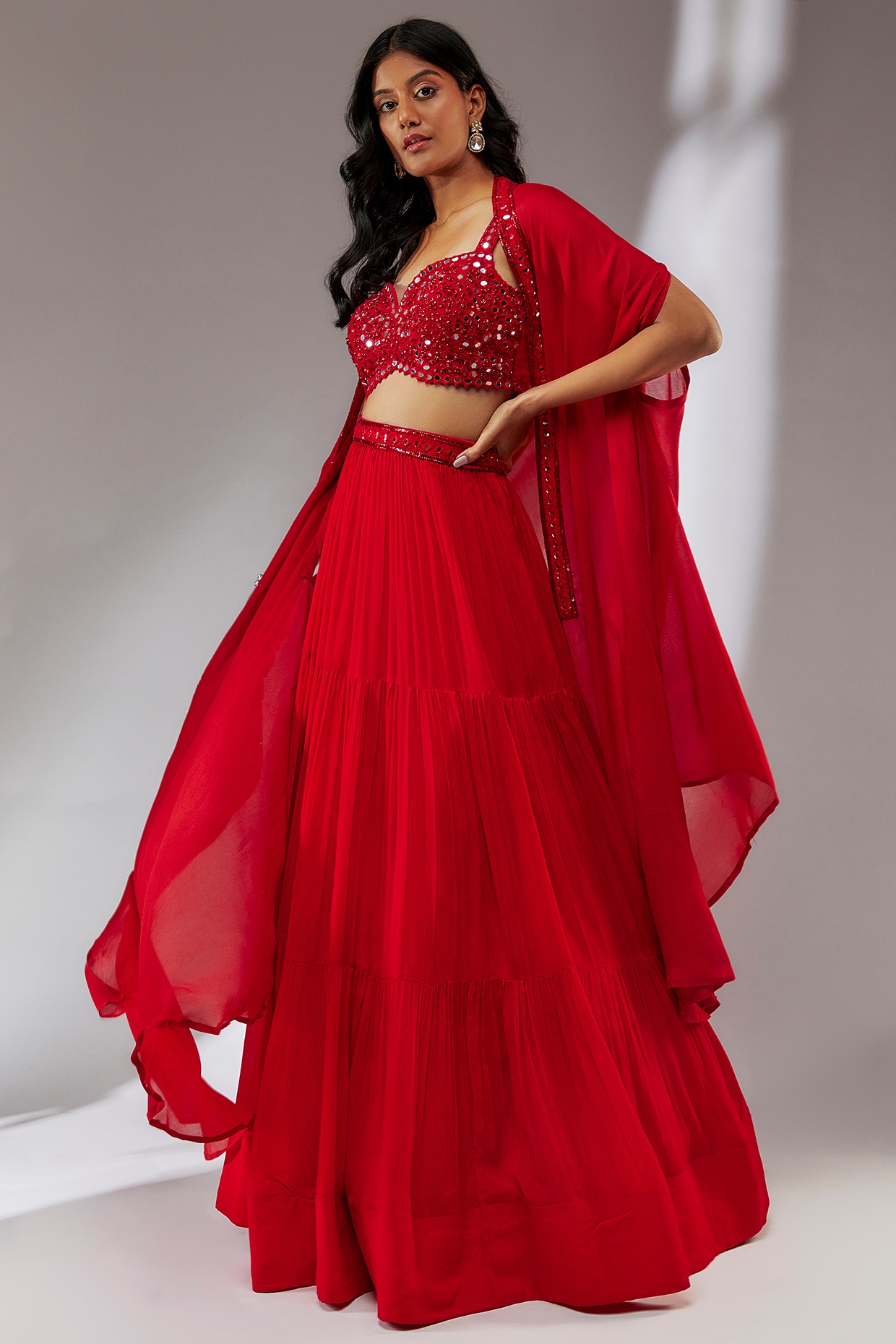 Shop Stunning Red Printed Lehenga Online in USA with Cape Jacket – Pure  Elegance