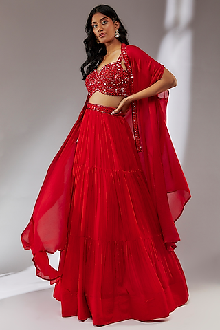 Red Chiffon Jacket Lehenga Set by Neha Khullar