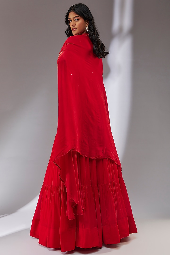 Red Chiffon Jacket Wedding Lehenga Set by Neha Khullar at Pernia's Pop Up Shop