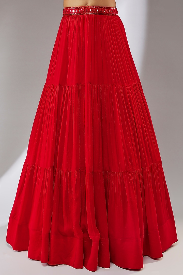 Red Chiffon Jacket Wedding Lehenga Set by Neha Khullar at Pernia's Pop Up Shop