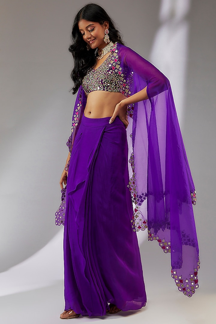 Purple Organza & Crepe Hand Embroidered Cape Set by Neha Khullar